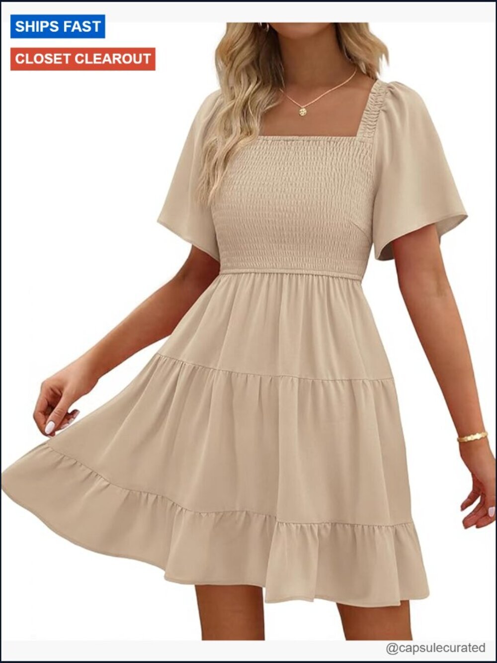 Women's Square Neck Smocked Mini Dress Flutter Sleeve Ruffle Swing Boho Beach